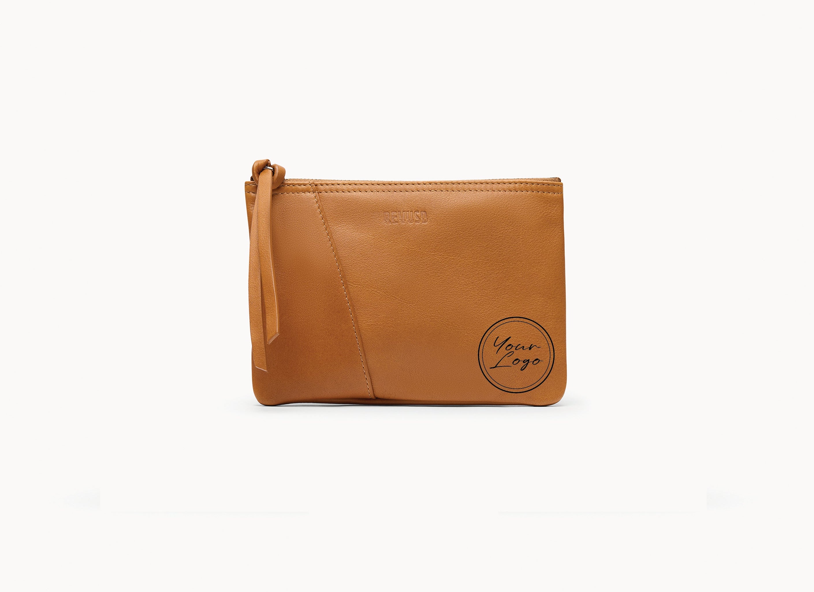 Brown leather pouch with a brand logo on a white background